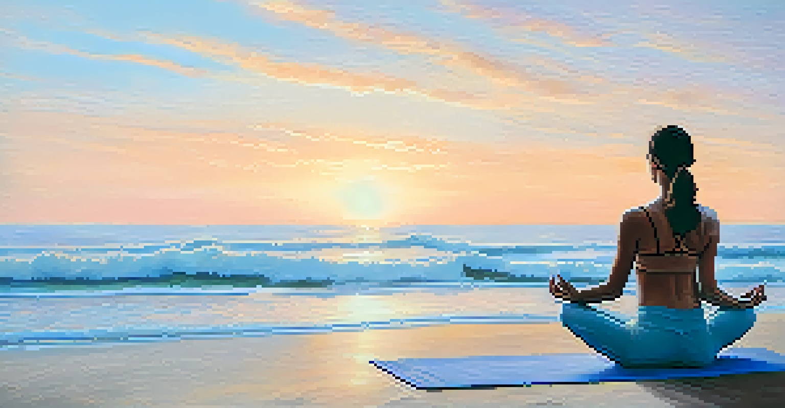 A person practicing yoga on a beach at sunrise, surrounded by calm waves and pastel skies.