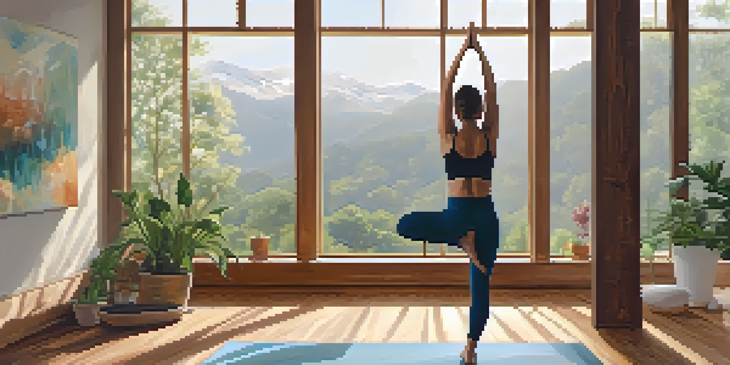 A person practicing Mountain Pose in a yoga studio with natural light and a view of a garden.