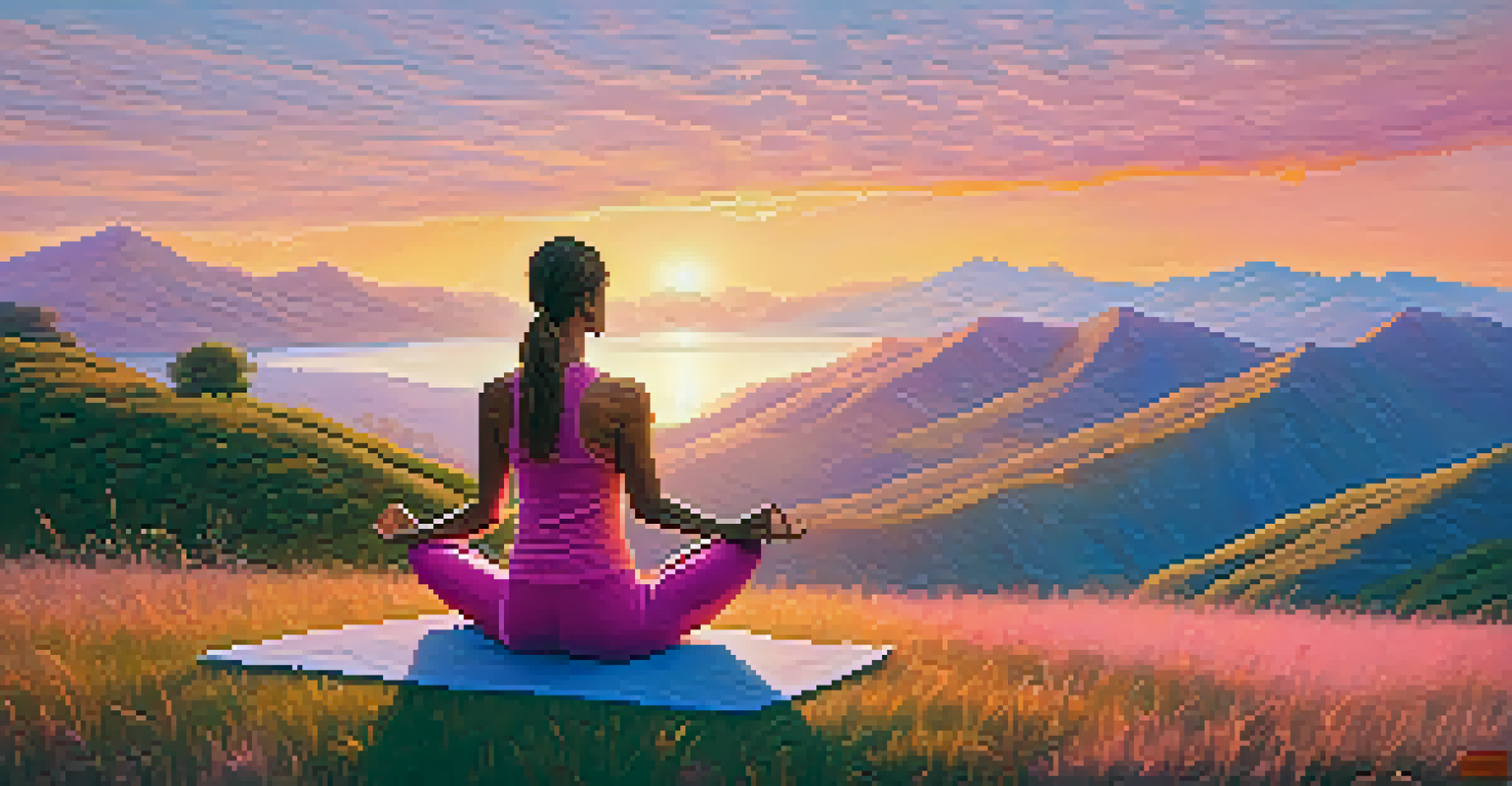 A person in a Warrior II yoga pose on a hill at sunrise, with mountains in the background.