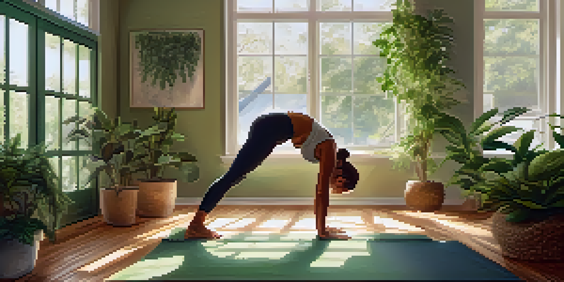 A person practicing yoga in a bright studio filled with plants and wooden floors, creating a peaceful atmosphere.