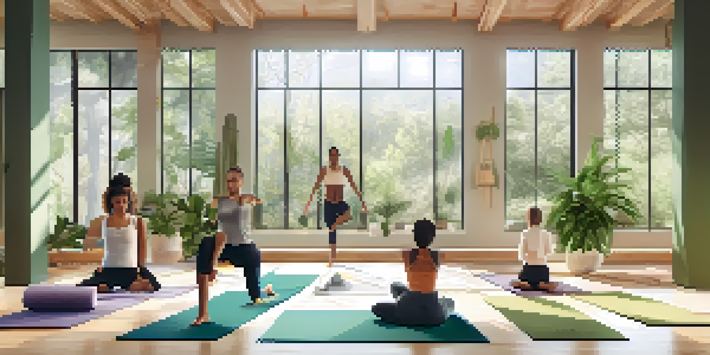 A peaceful yoga studio with people practicing yoga in different poses, surrounded by plants and natural light.