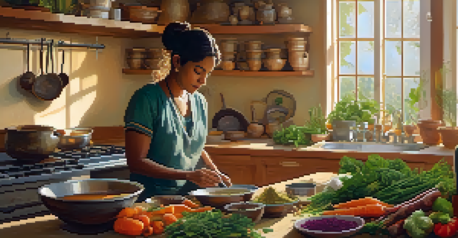 A person preparing an Ayurvedic dish in a warm, inviting kitchen filled with fresh ingredients and spices.