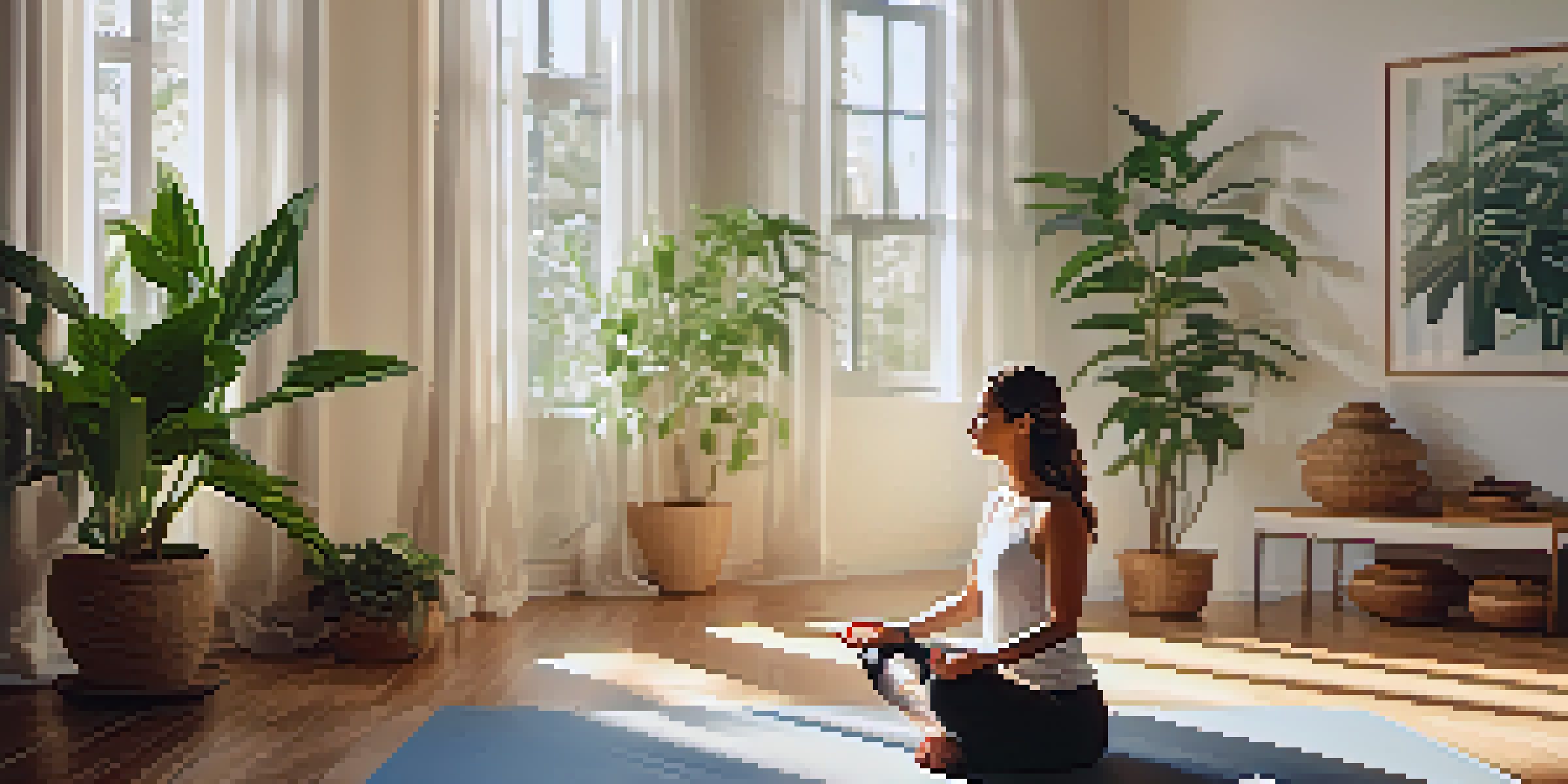 A person practicing yoga in a sunlit room with plants and soft decor, creating a peaceful atmosphere.