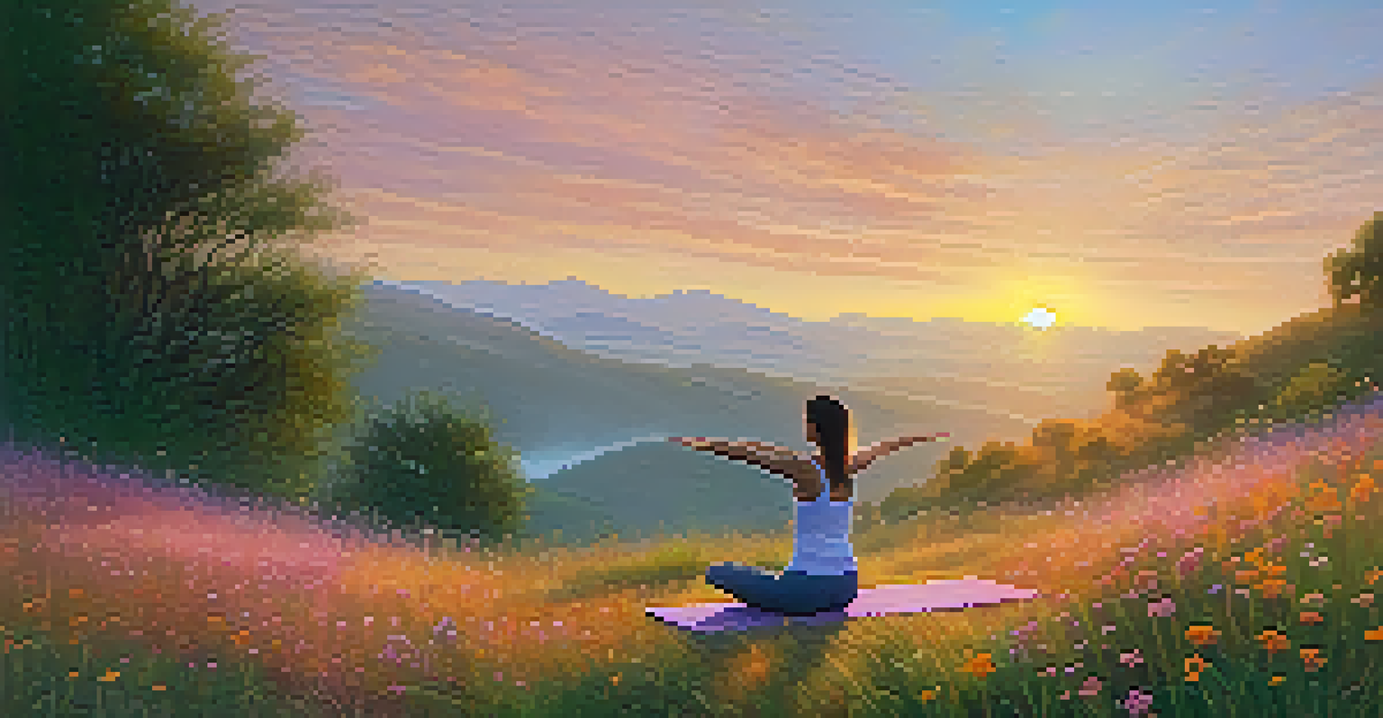 A person practicing Hatha Yoga on a hillside at sunrise, surrounded by wildflowers.