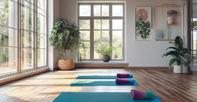A tranquil yoga studio filled with natural light, featuring a person in a yoga pose on a colorful mat, surrounded by plants and wooden decor.