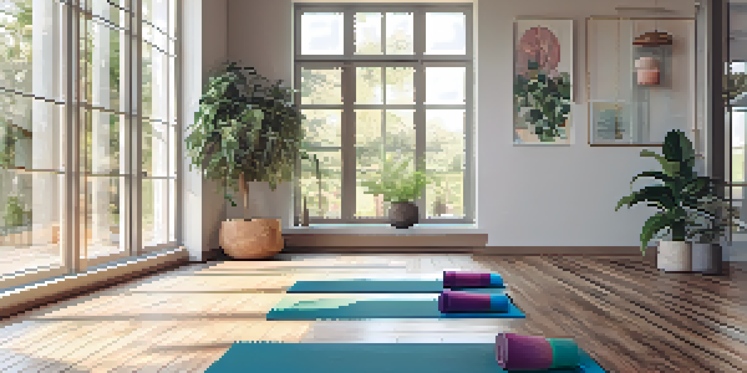 A tranquil yoga studio filled with natural light, featuring a person in a yoga pose on a colorful mat, surrounded by plants and wooden decor.
