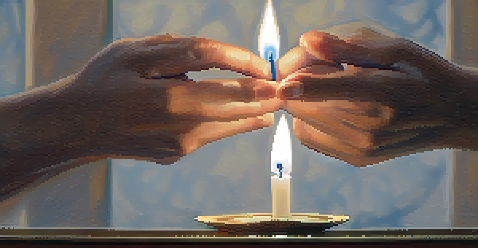 Close-up of hands in a mudra, symbolizing mindful breathing, with calming elements in the background.