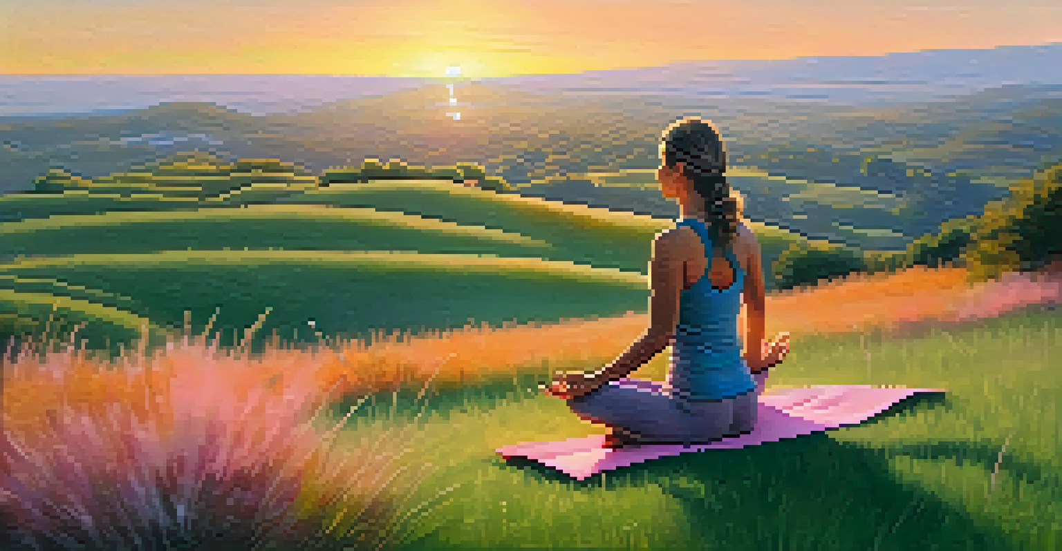A person doing yoga on a grassy hill at sunset with a beautiful sky, surrounded by the scent of essential oils.