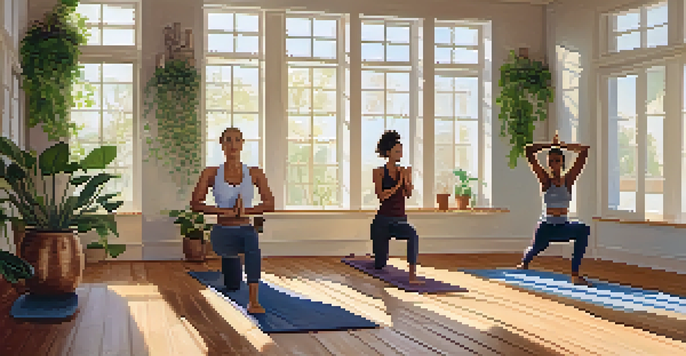 A diverse group of people practicing yoga in a bright studio, with a woman in Warrior II pose at the forefront.
