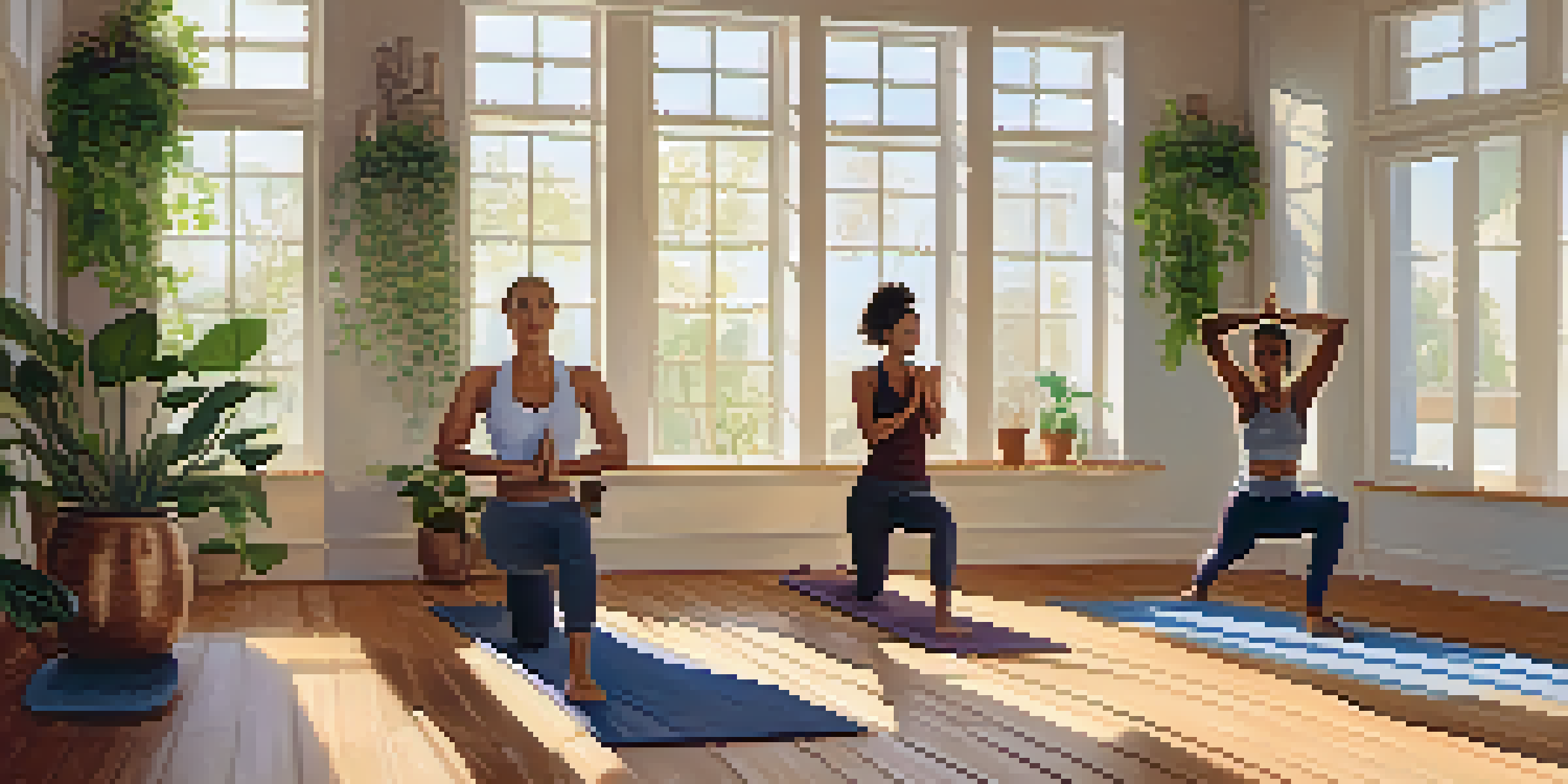 A diverse group of people practicing yoga in a bright studio, with a woman in Warrior II pose at the forefront.