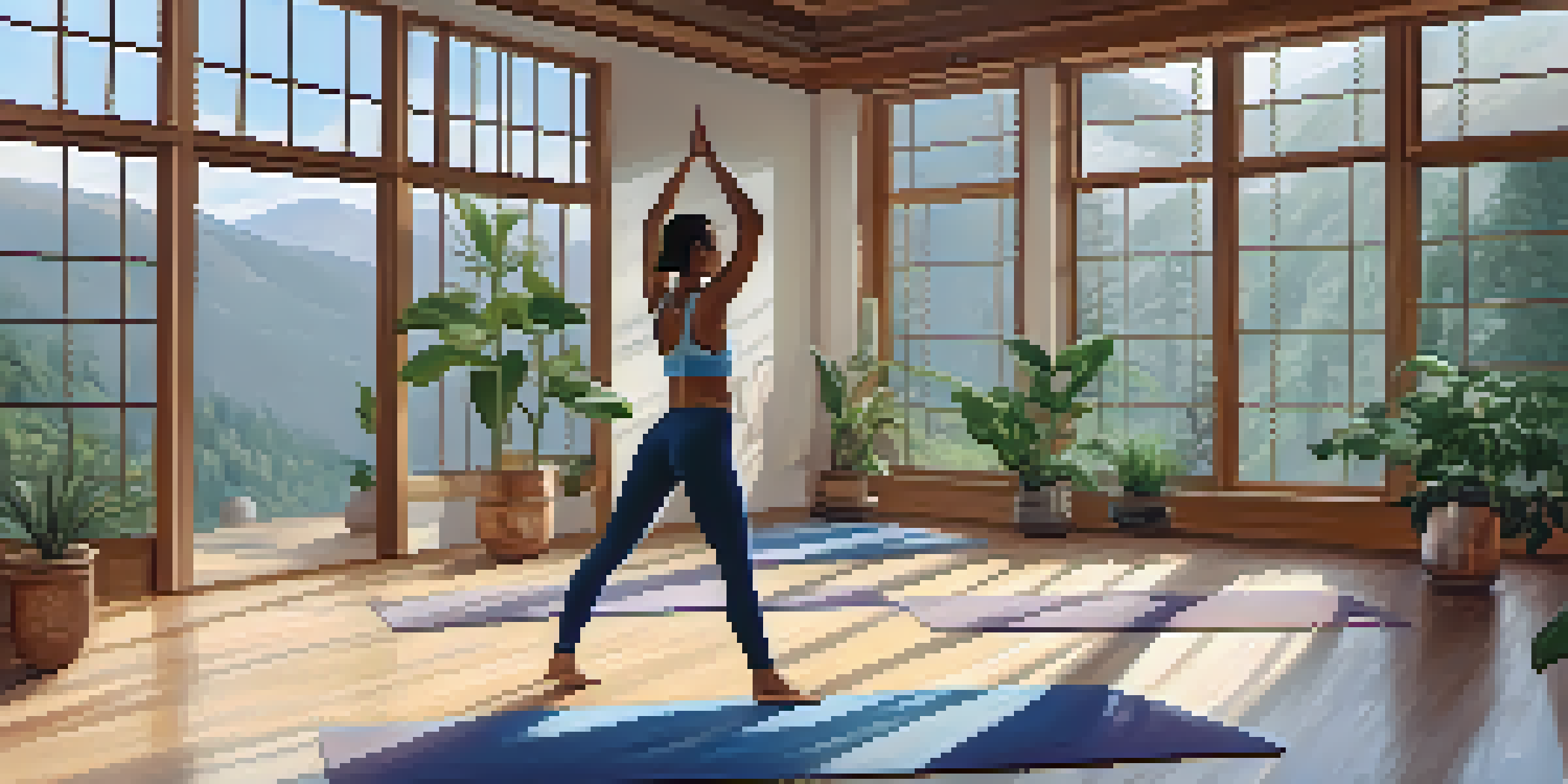 A peaceful yoga studio with a person practicing Mountain Pose, surrounded by natural light and indoor plants.