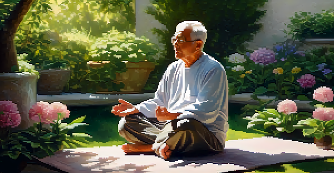An older adult meditating in a bright garden filled with flowers and greenery, radiating tranquility.