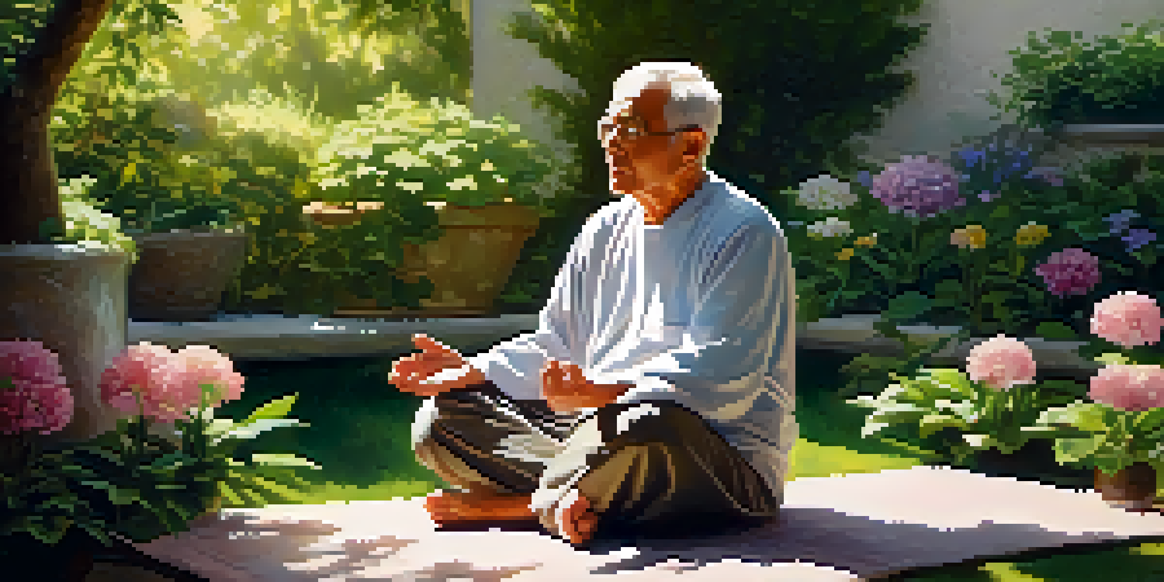 An older adult meditating in a bright garden filled with flowers and greenery, radiating tranquility.
