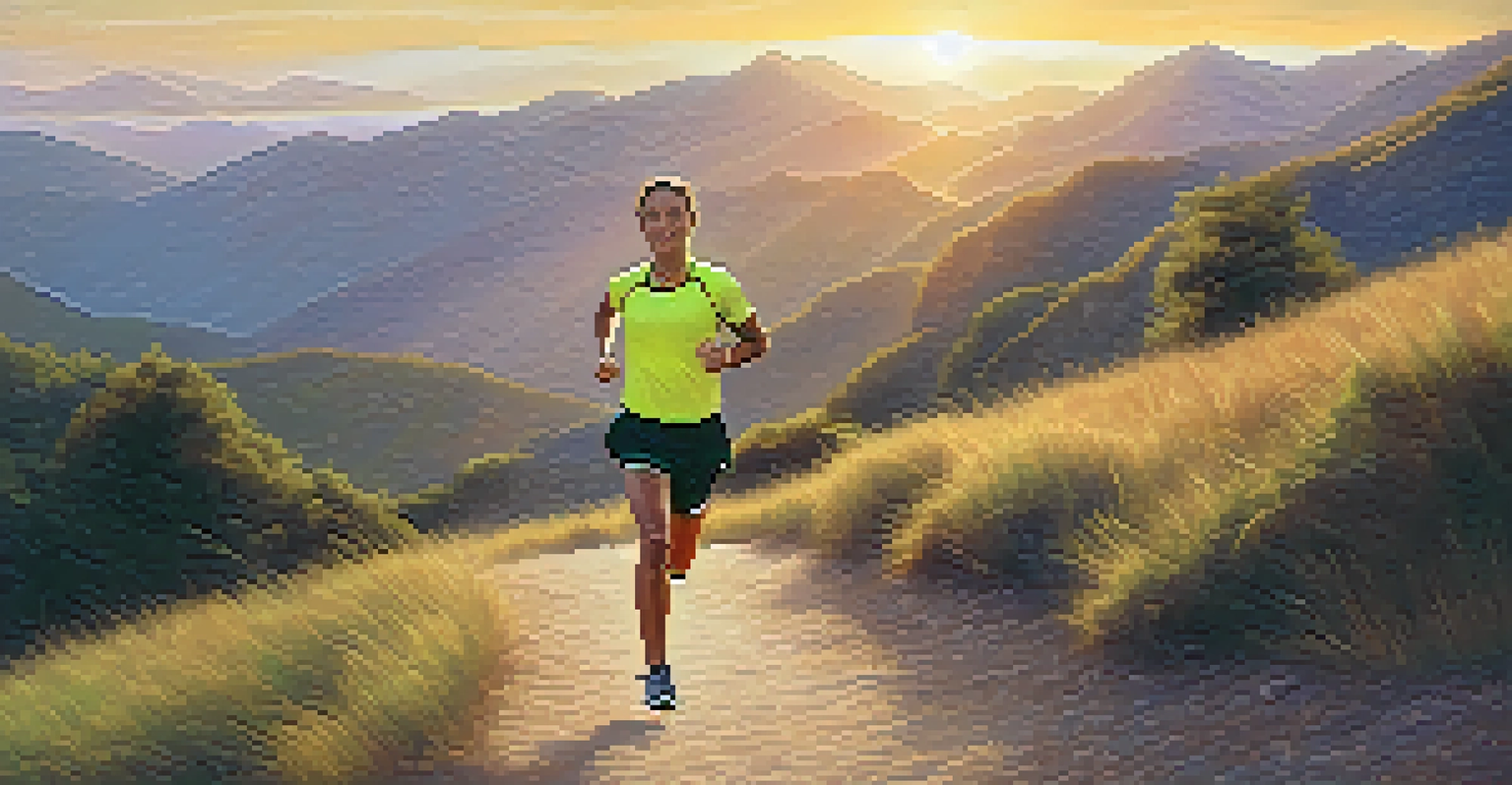 A runner on a scenic trail surrounded by greenery and mountains during sunset, radiating energy and focus.