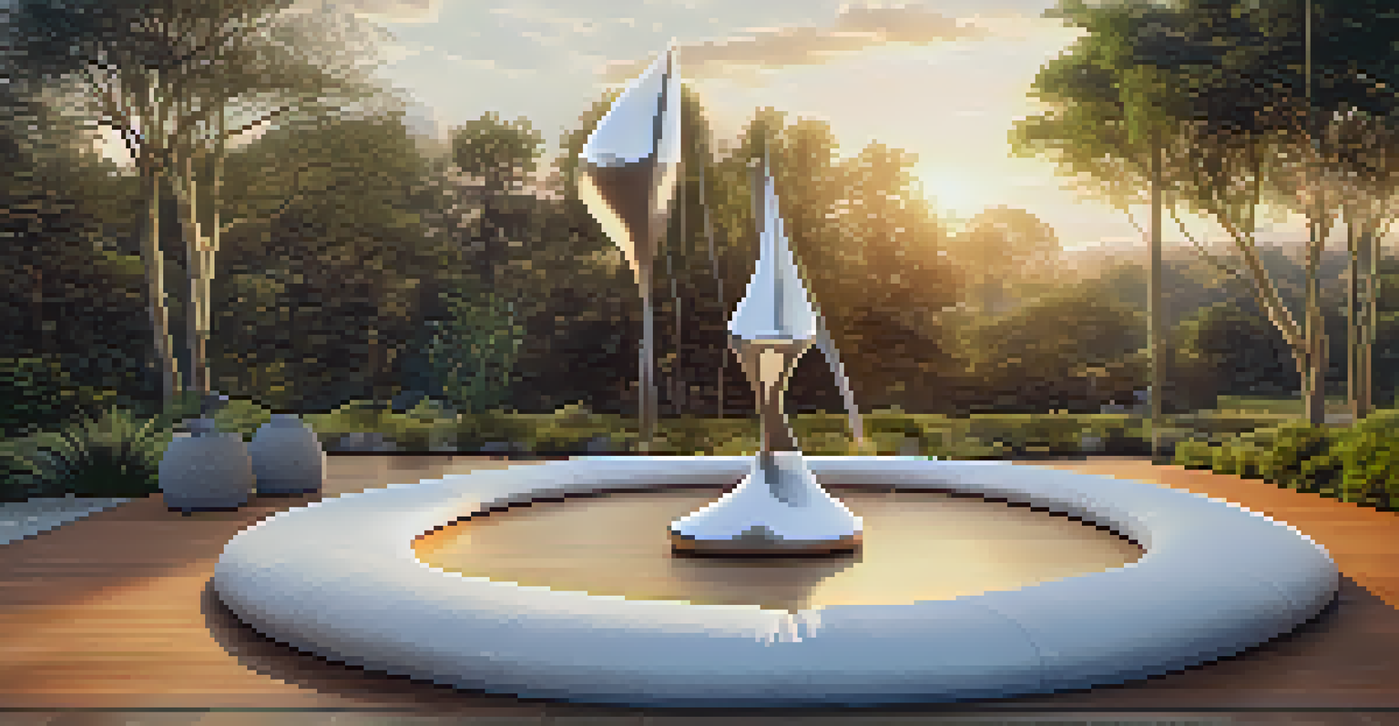 An interactive rotating sculpture representing yoga movements, surrounded by cushions in a warm, golden light with nature sounds in the background.
