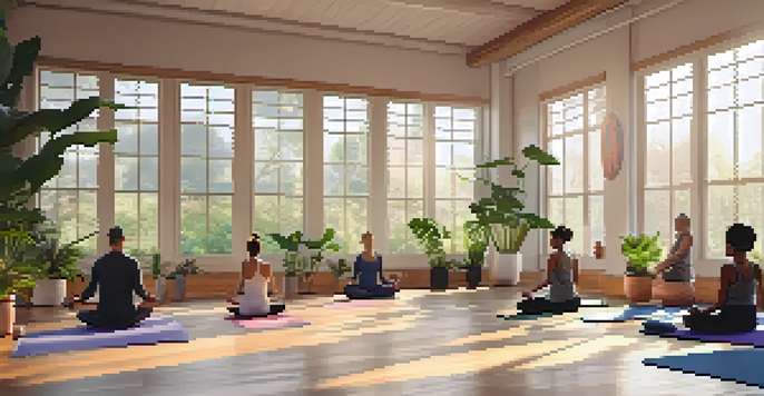 A diverse group of individuals practicing yoga in a serene studio with natural light and calming decorations.