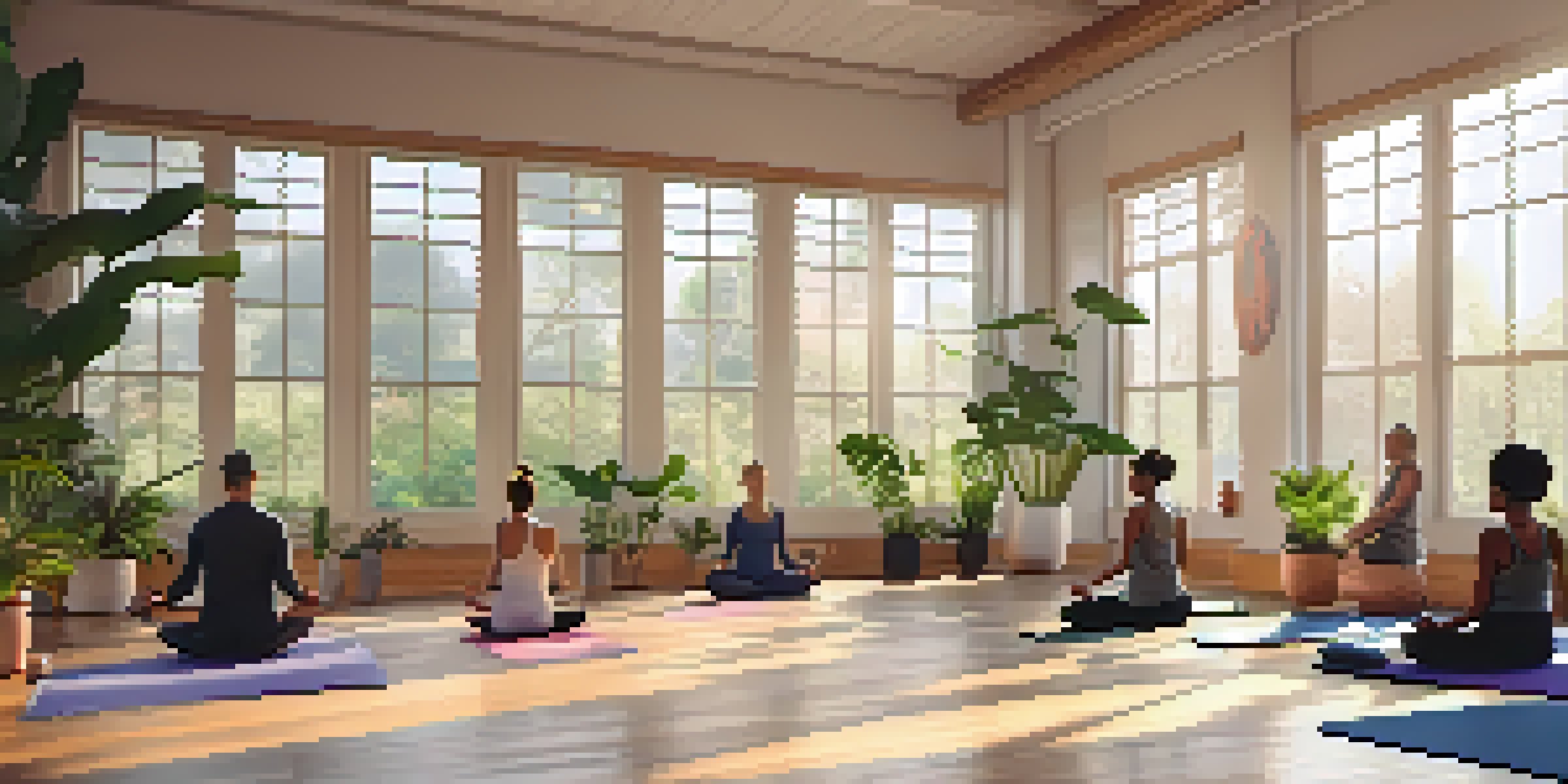 A diverse group of individuals practicing yoga in a serene studio with natural light and calming decorations.