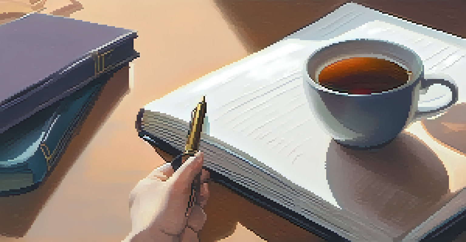 A hand holding a gratitude journal in a cozy setting with a cup of tea.