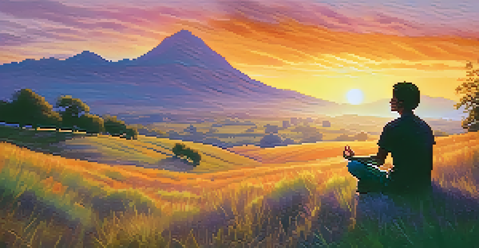 A person meditating on a hilltop during sunset, surrounded by vibrant skies and distant mountains.
