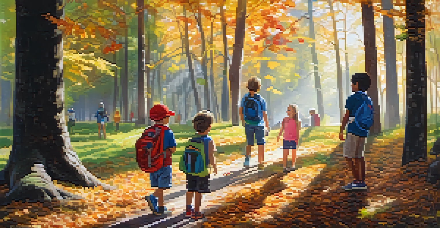 Children exploring nature and observing leaves and birds in a sunny wooded area.