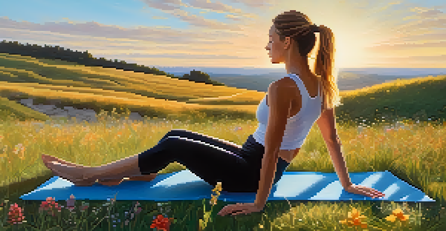 A person practicing the Seated Forward Bend pose on a grassy hill surrounded by wildflowers, with a sunset in the background.