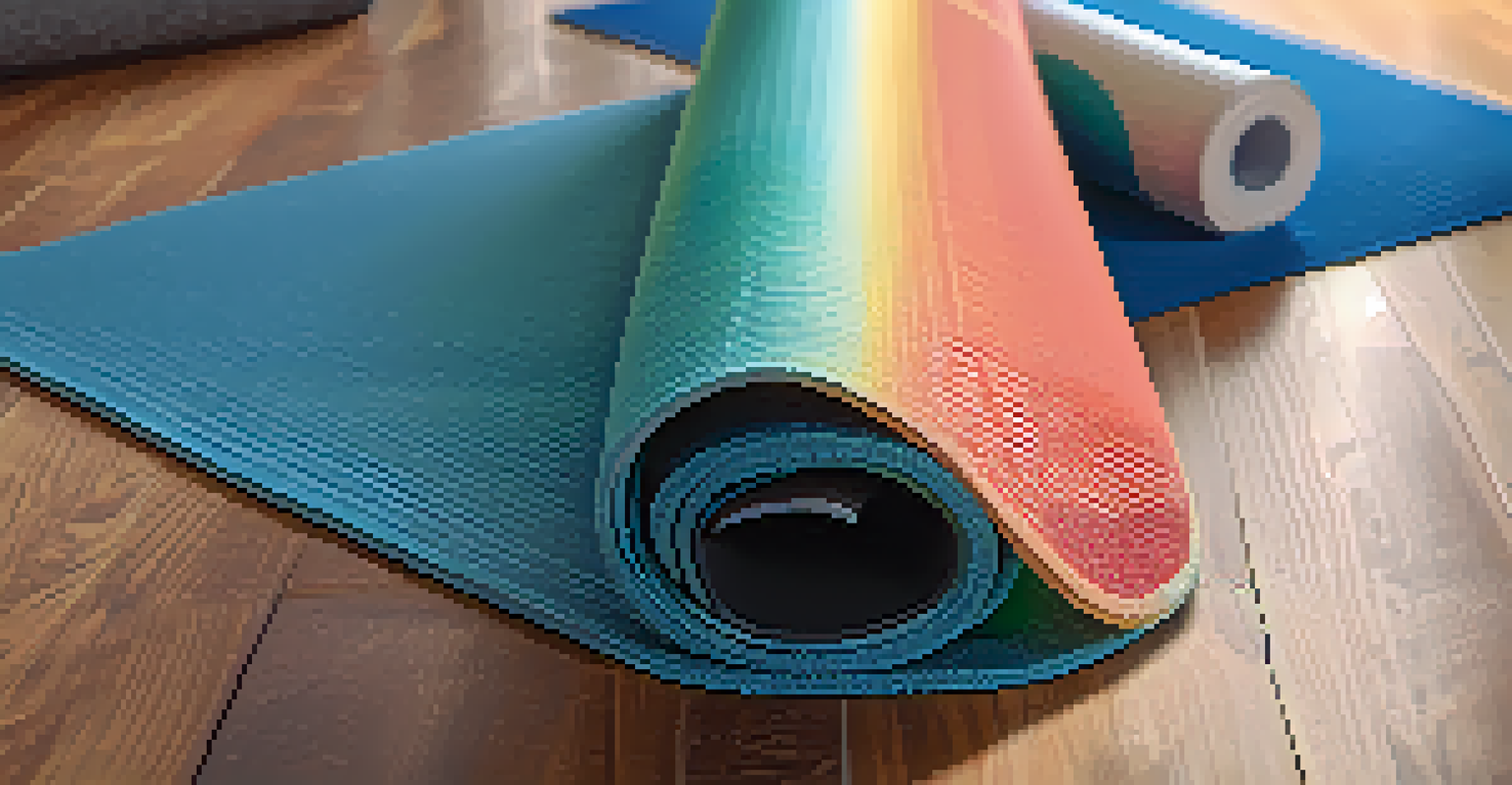 A close-up view of a colorful textured yoga mat partially rolled on a hardwood floor, with yoga props beside it.
