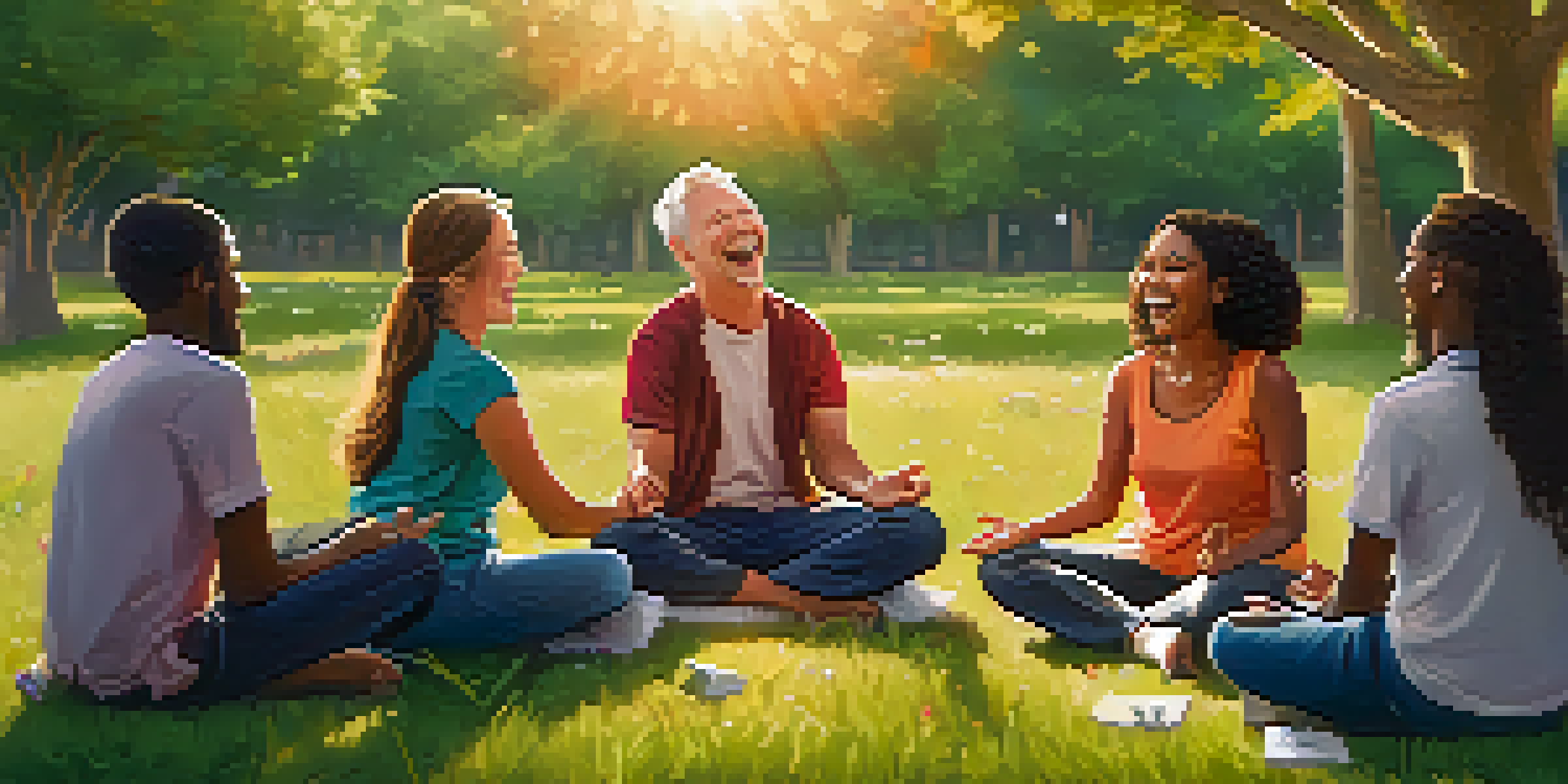 A diverse group of people laughing together during a Laughter Yoga session in a colorful outdoor setting with a sunset in the background.