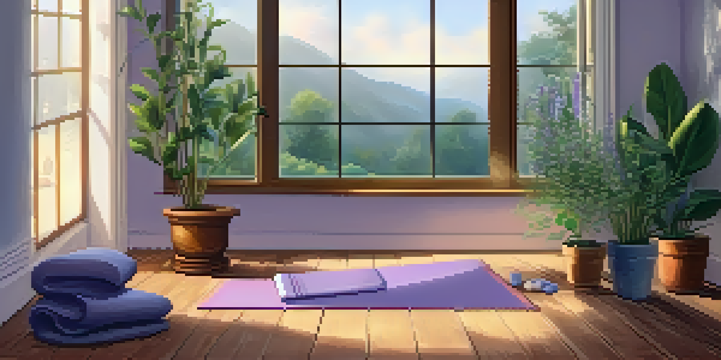 A tranquil yoga space with soft lighting, plants, a yoga mat, an eye pillow, and a light blanket, promoting relaxation.