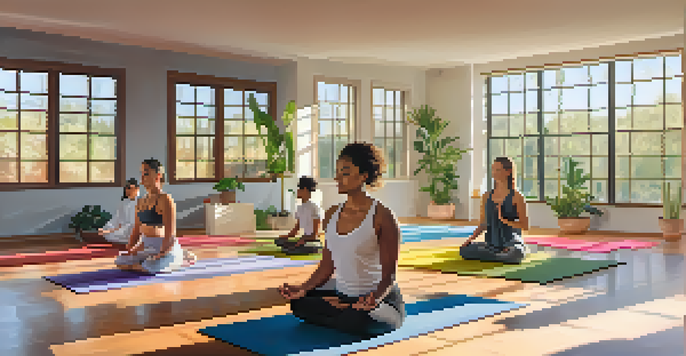 A diverse group of people practicing mindfulness meditation in a bright yoga studio with plants.