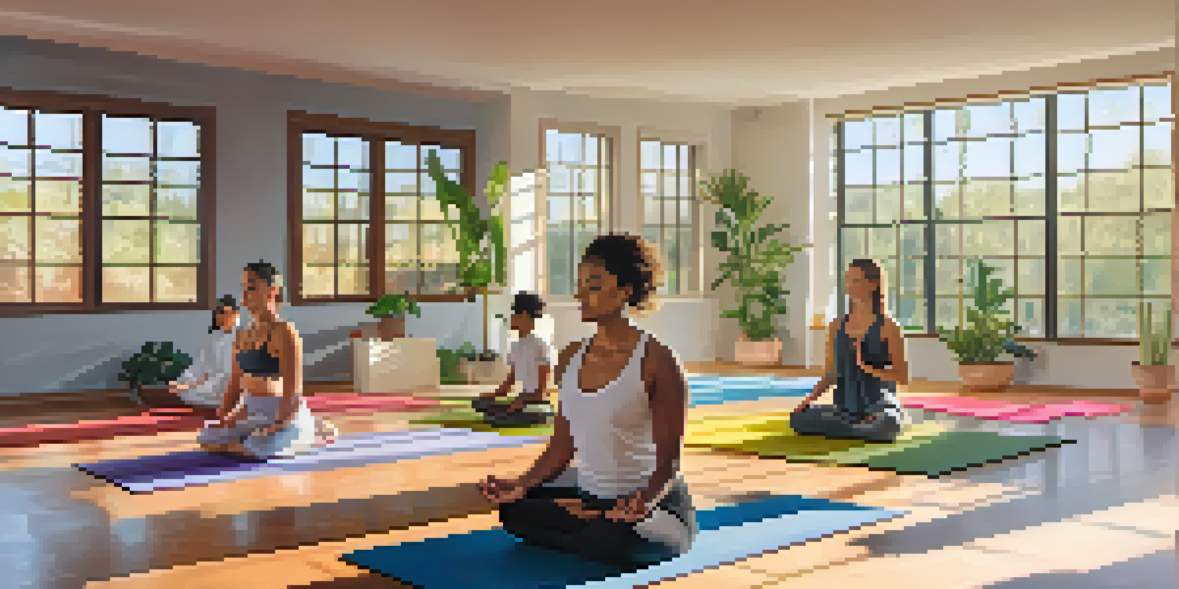 A diverse group of people practicing mindfulness meditation in a bright yoga studio with plants.
