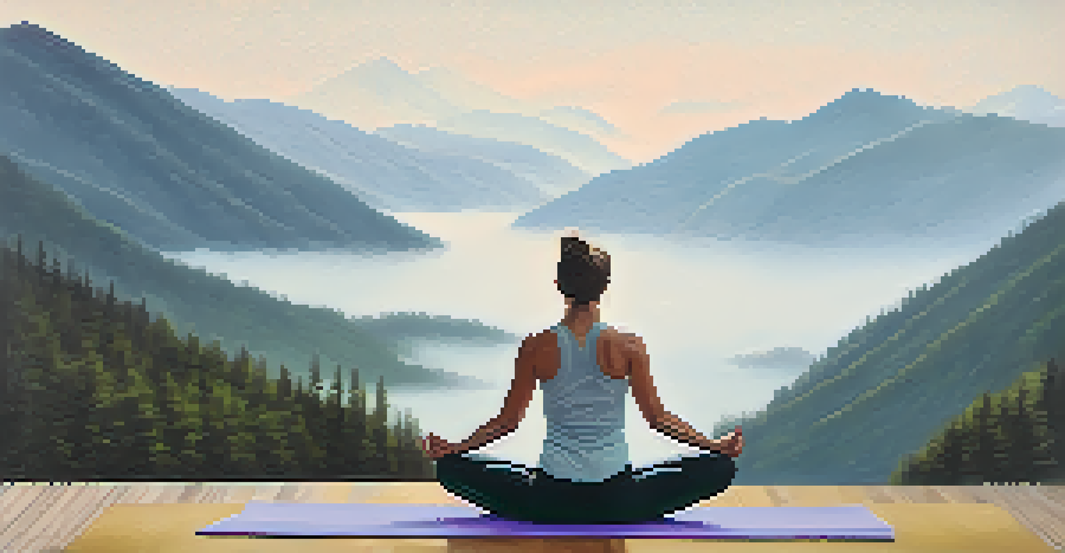 A person in Triangle Pose on a yoga mat with mountains in the background.