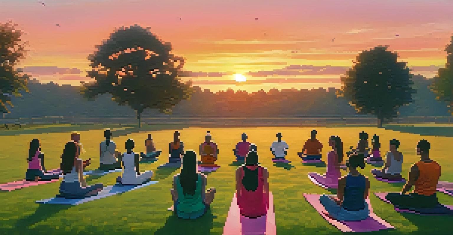 A group of teens practicing yoga outdoors at sunset, with vibrant colors in the sky.
