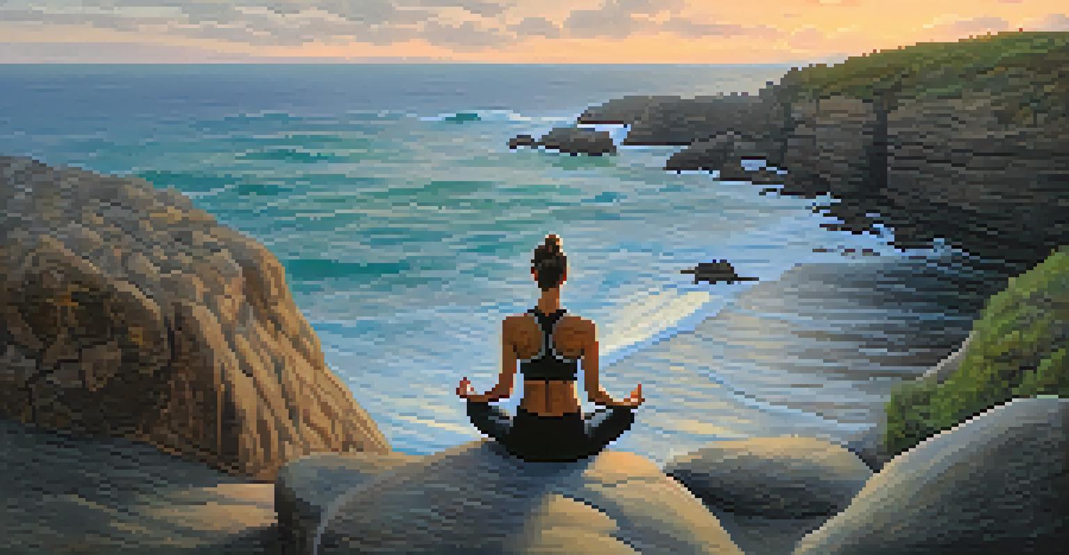 A person practicing yoga on a cliff at sunrise, with a calm ocean in the background.