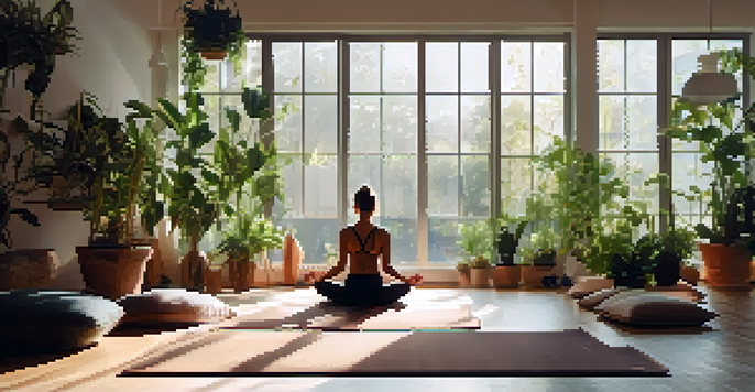 A peaceful yoga studio with a person meditating and practicing pranayama, surrounded by plants and soft natural light.