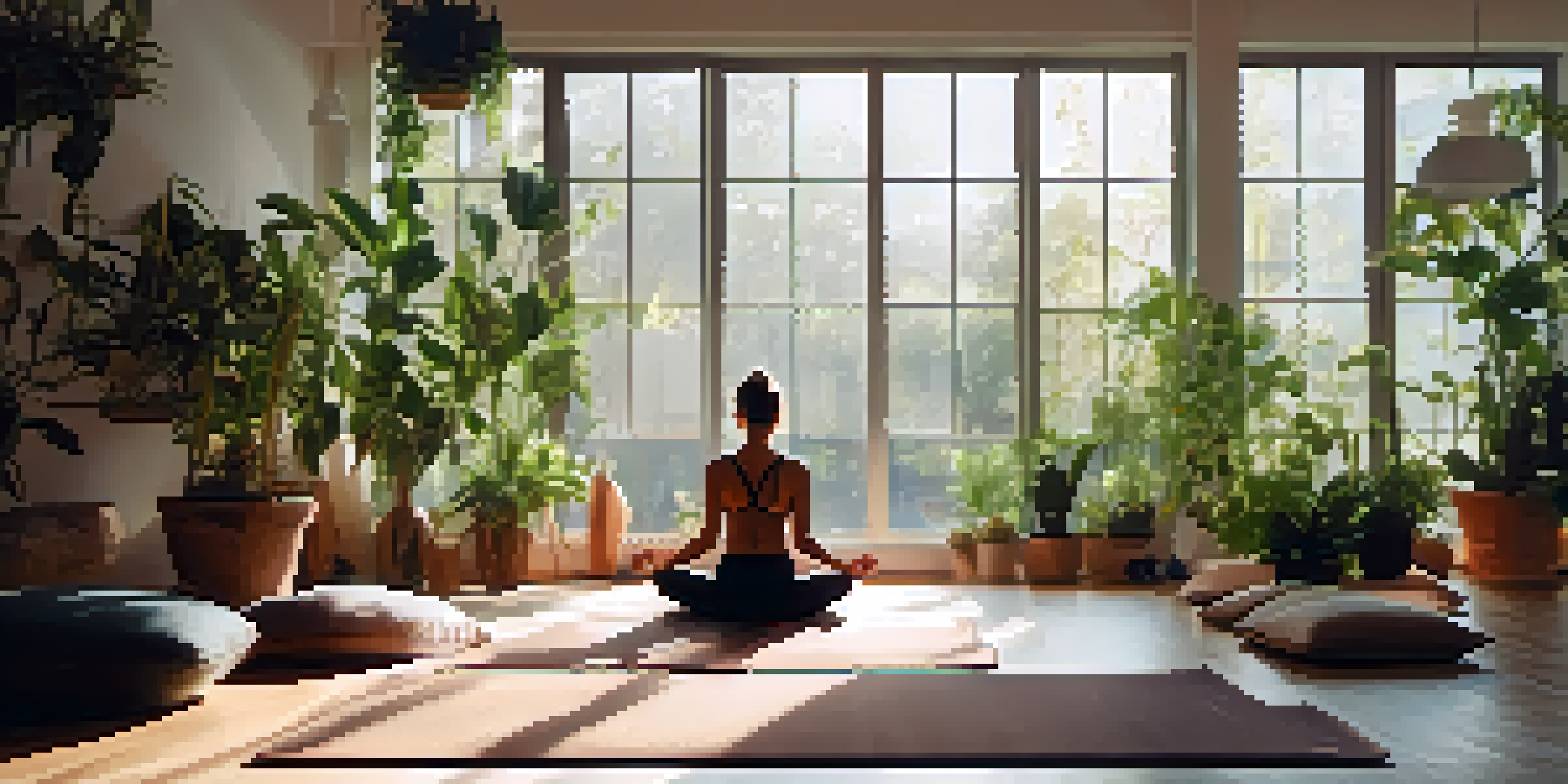 A peaceful yoga studio with a person meditating and practicing pranayama, surrounded by plants and soft natural light.