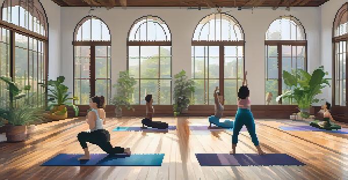 A diverse group of individuals practicing Warrior II pose in a serene yoga studio with natural lighting and colorful yoga mats.