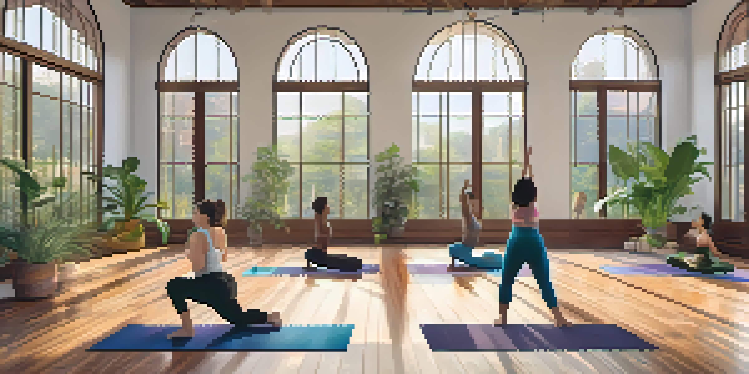 A diverse group of individuals practicing Warrior II pose in a serene yoga studio with natural lighting and colorful yoga mats.