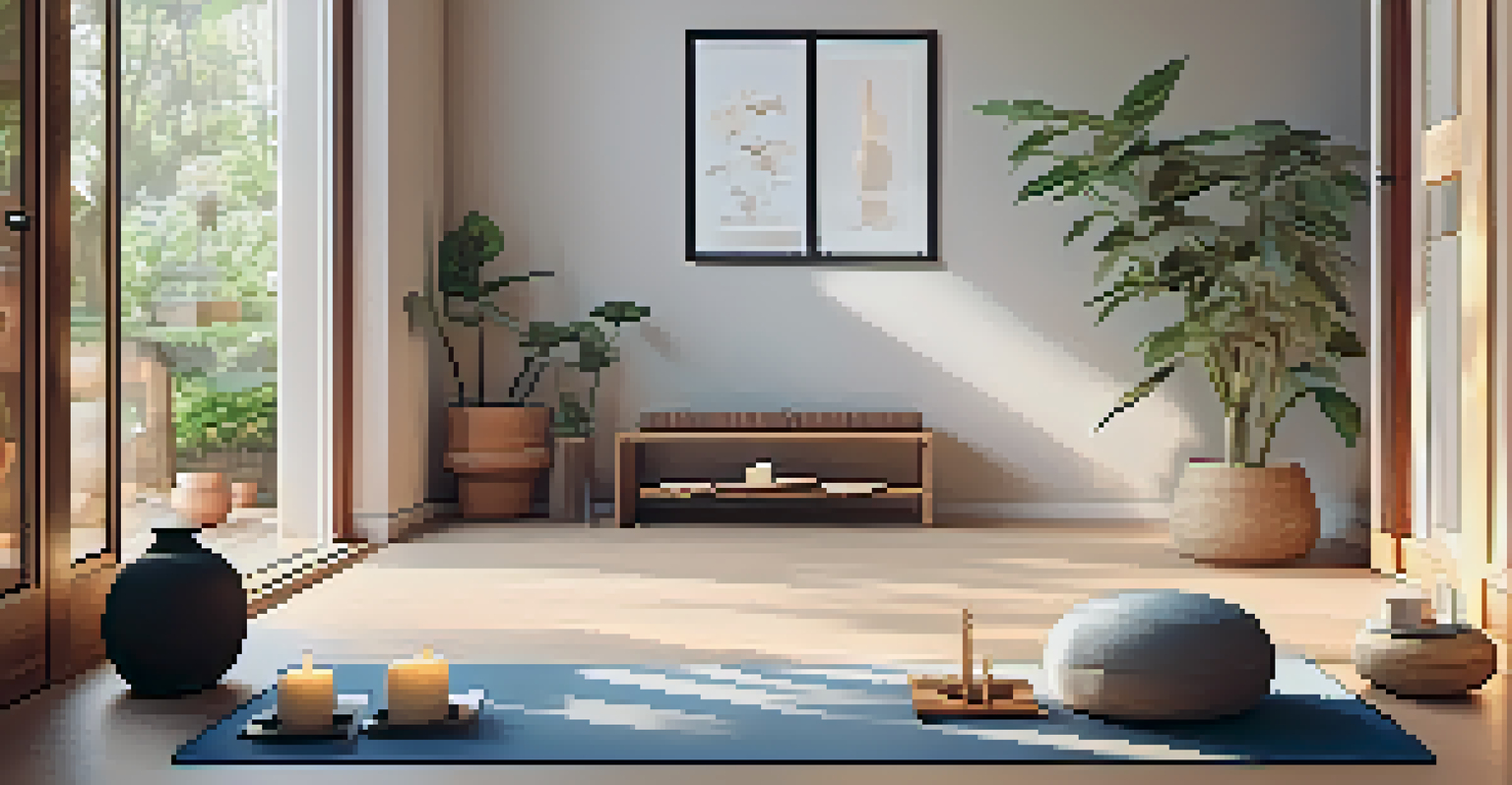 A cozy home yoga sanctuary with a yoga mat, props, and soft lighting.