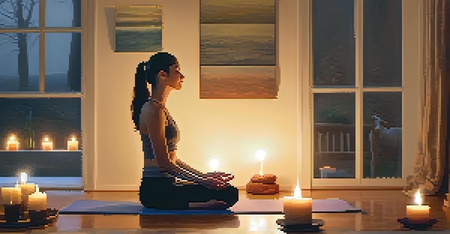 A person in Corpse Pose on a yoga mat, surrounded by candles and dimmed lights, conveying calmness and relaxation.