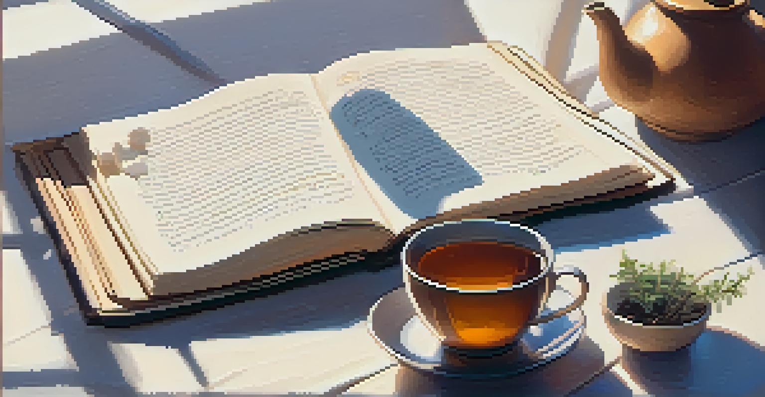 An open journal with reflections on personal growth next to a yoga mat, with a cup of tea and warm sunlight.