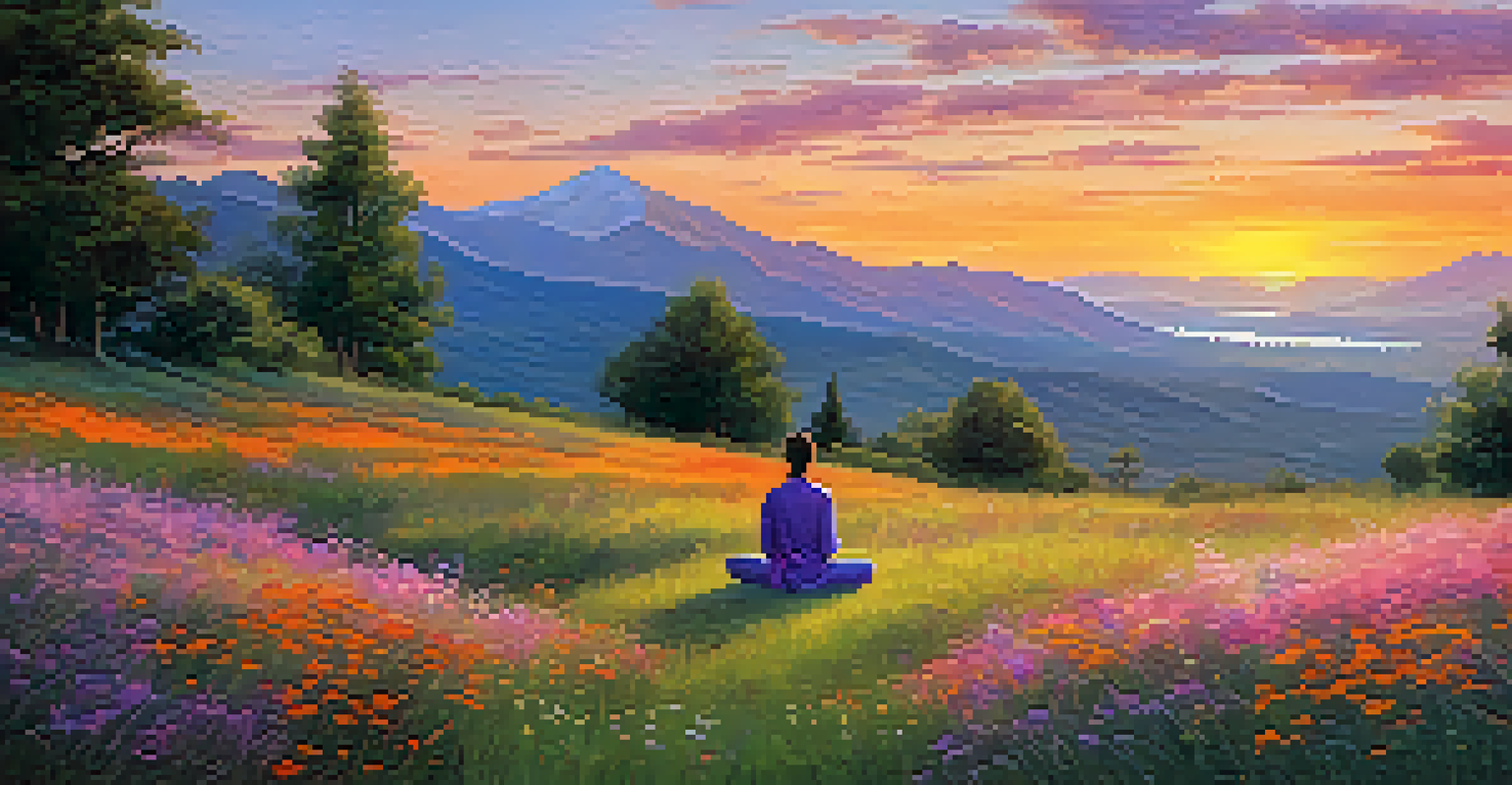 A person meditating on a grassy hill at sunset, surrounded by wildflowers and mountains in the background.