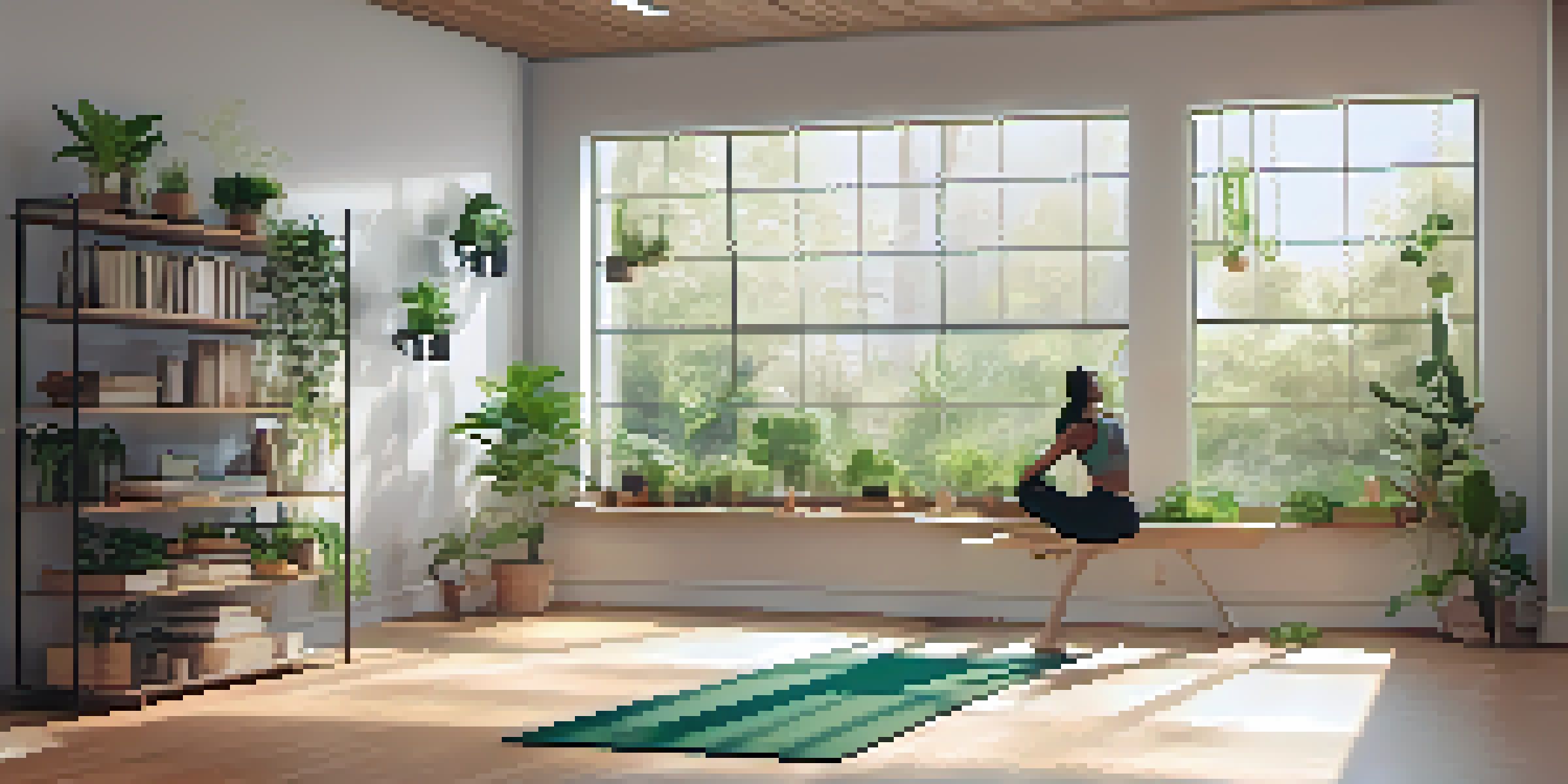 A person practicing yoga in a calming office corner with plants and natural light.