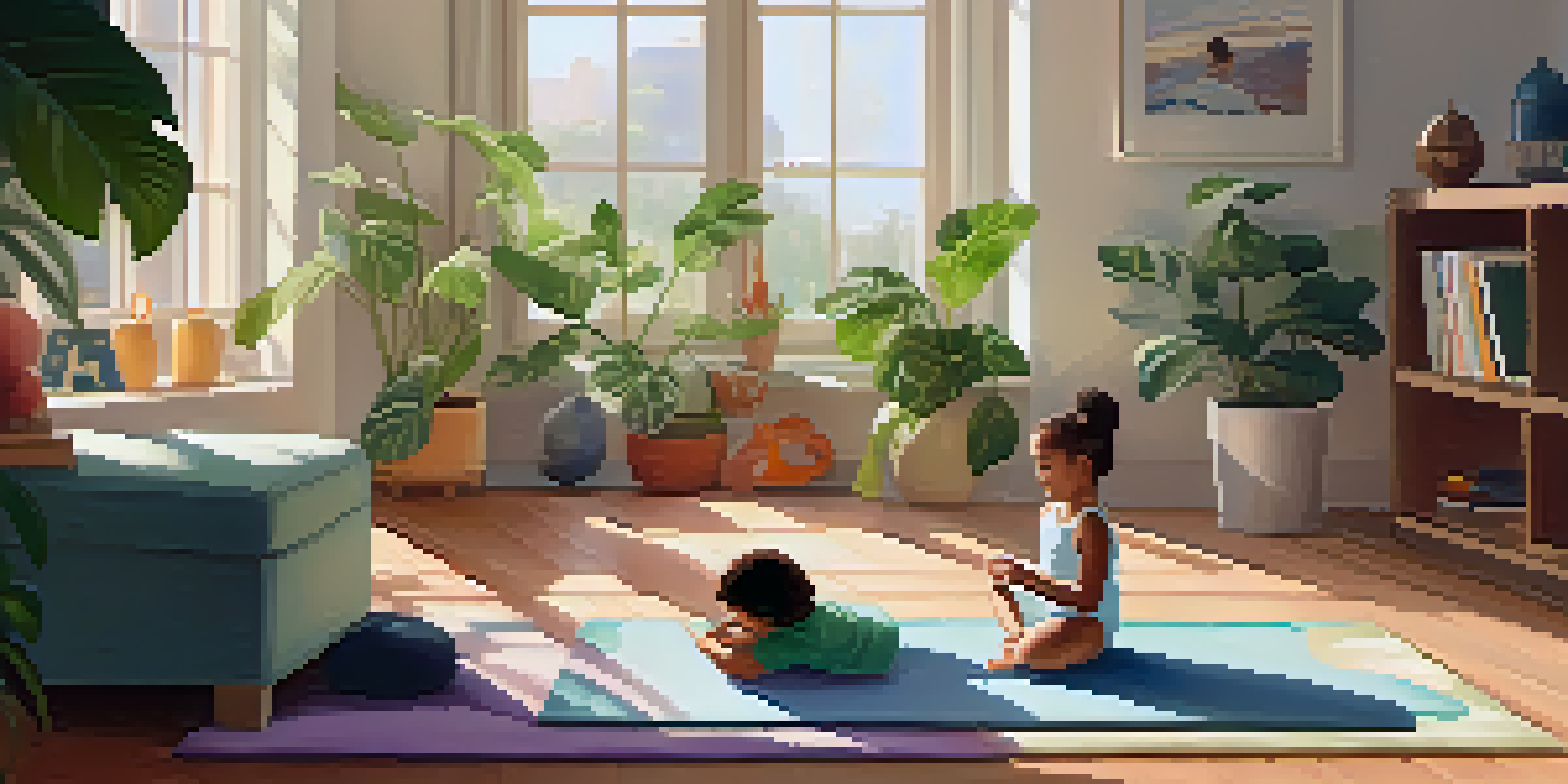 A parent doing Child’s Pose yoga in a cozy living room with a child playing nearby.