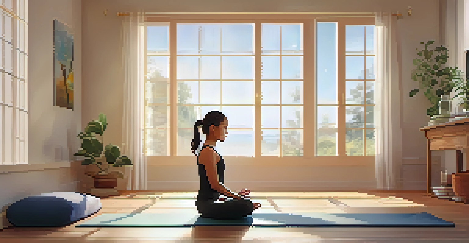 A parent practicing Child's Pose yoga in a sunlit room, surrounded by calming decor.