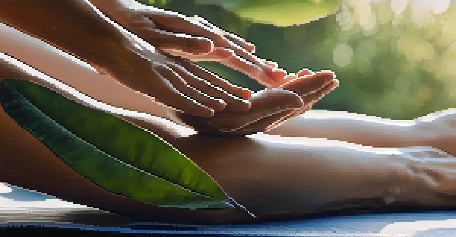 Close-up of hands in a meditative gesture on a yoga mat, with a blurred tranquil outdoor background.