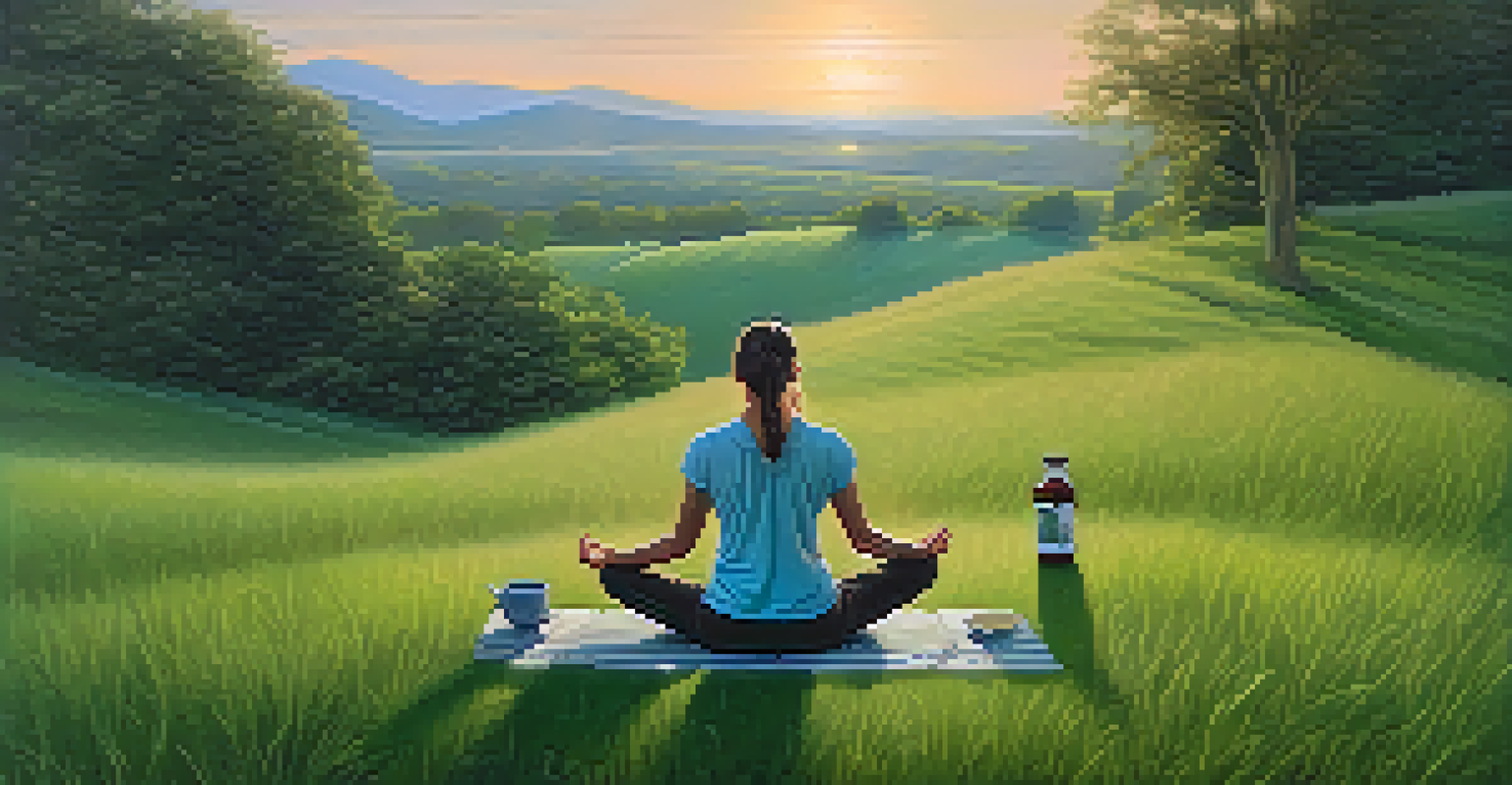 A yogi practicing on a hill at sunrise, with herbal tea and fermented foods nearby, representing wellness.