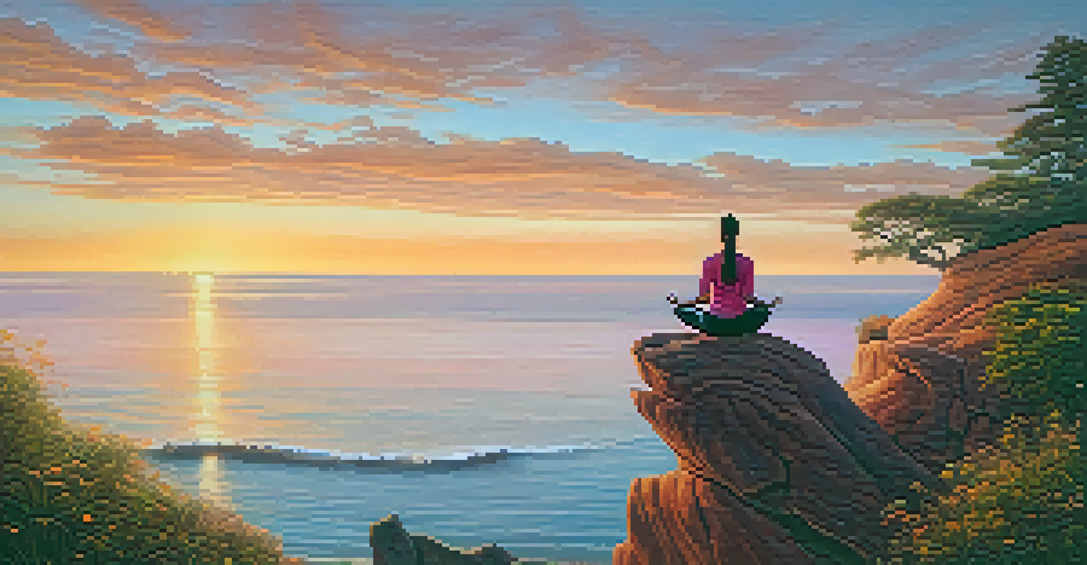 A person doing yoga at sunrise on a cliff by the ocean.