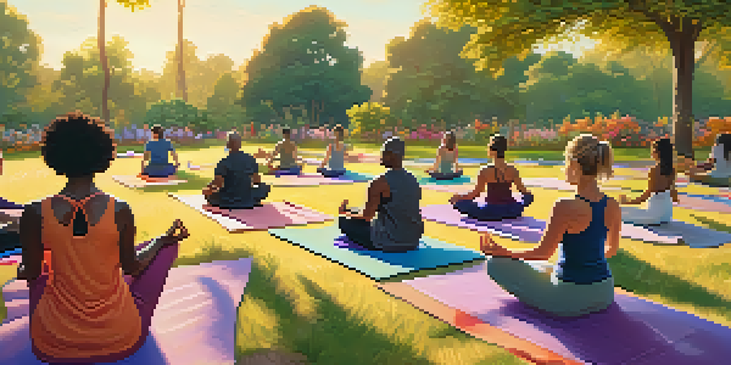 A peaceful community yoga class in a park at sunset, featuring diverse individuals practicing yoga on colorful mats amid nature.