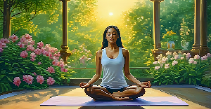 A person doing restorative yoga outdoors among greenery and flowers, with a sunset in the background.