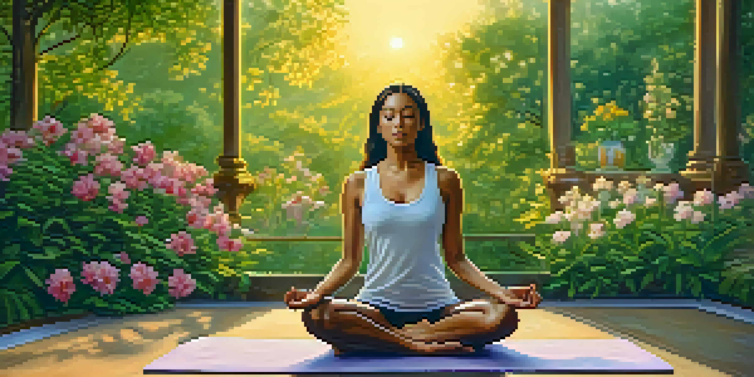 A person doing restorative yoga outdoors among greenery and flowers, with a sunset in the background.